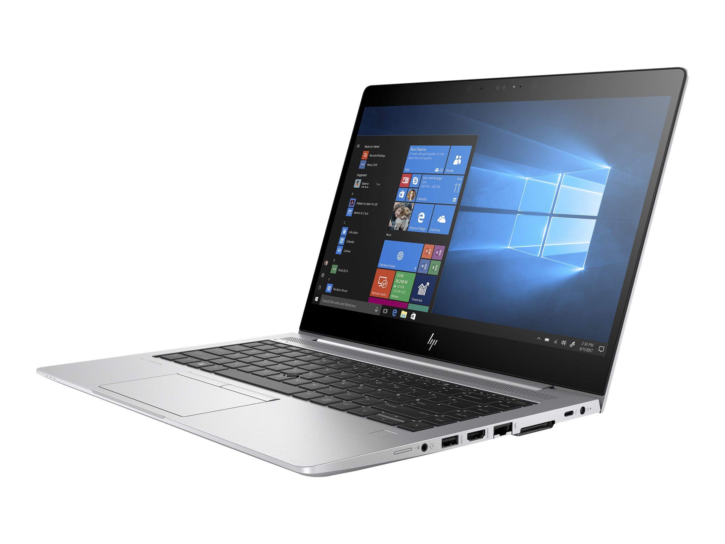 HP EliteBook 840 G5 portatile grigio inquadrato di lato, con schermo dai bordi neri e immagine di desktop di windows 10